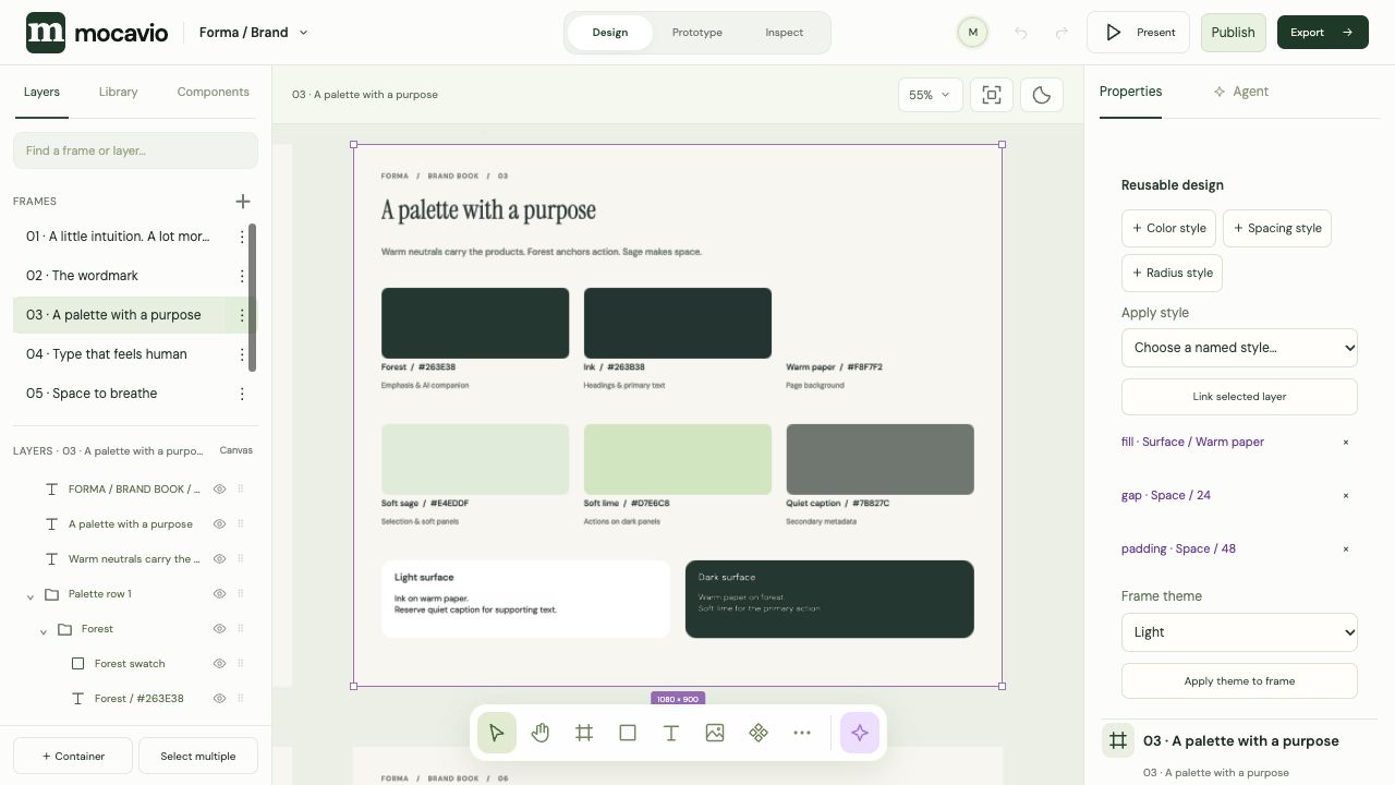 Forma’s actual brand canvas: the forest, ink, warm paper, soft sage, soft lime and quiet caption palette, with light and dark surface examples.