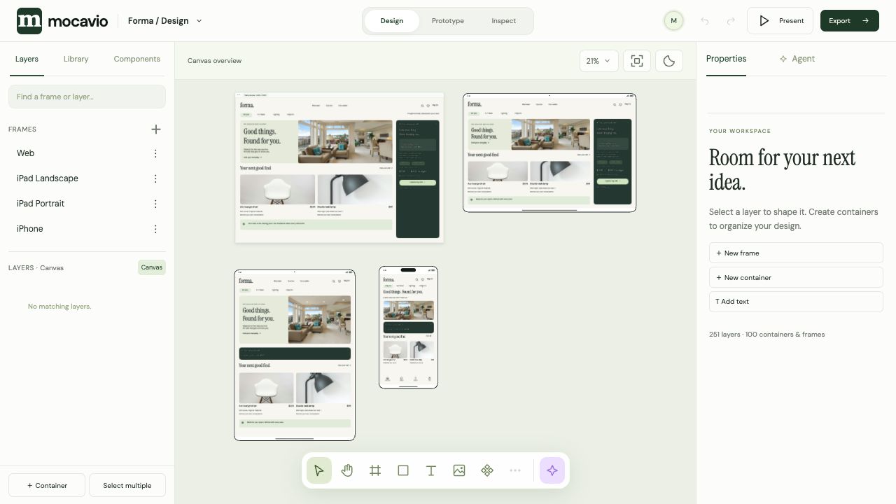 The actual Forma design canvas with Web, landscape iPad, portrait iPad and iPhone frames and their device preview shells.