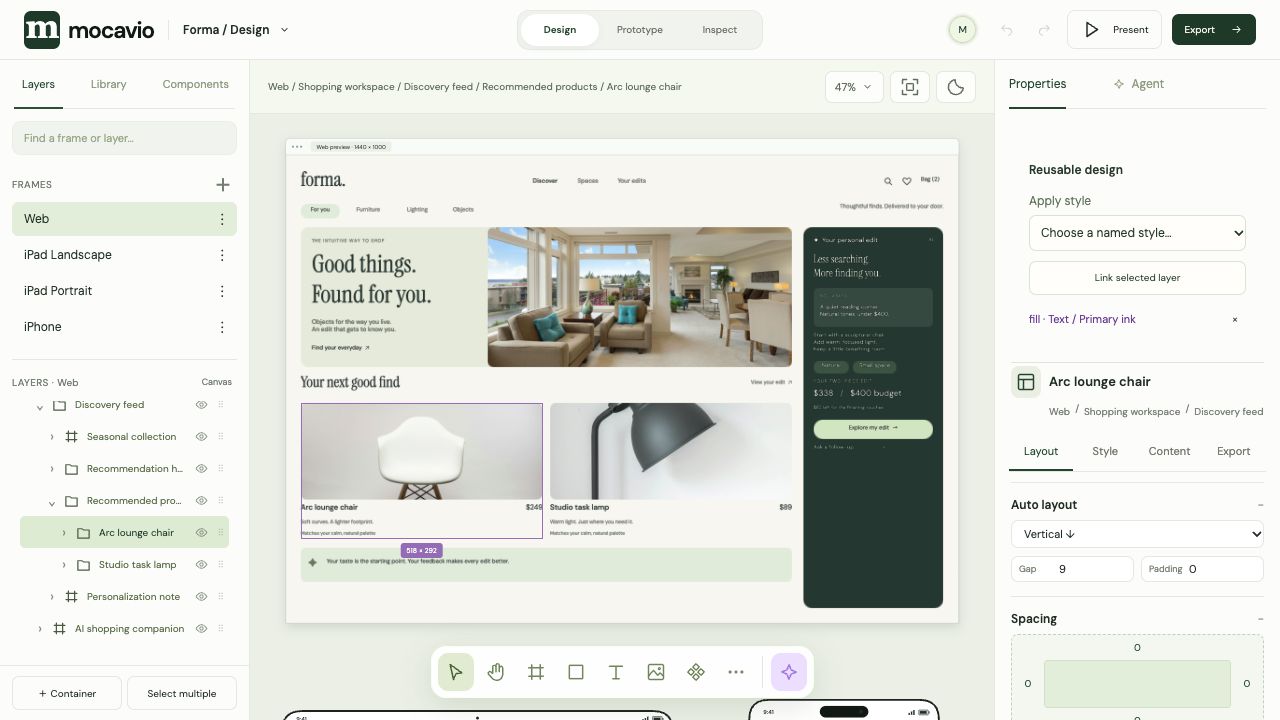 The actual Mocavio editor with Forma open: Design, Prototype and Inspect modes; named Web, iPad and iPhone frames; a nested layer tree; the selected product card; design tools and properties. The mobile view shows the real iPhone Dynamic Island preview and bottom panel controls.