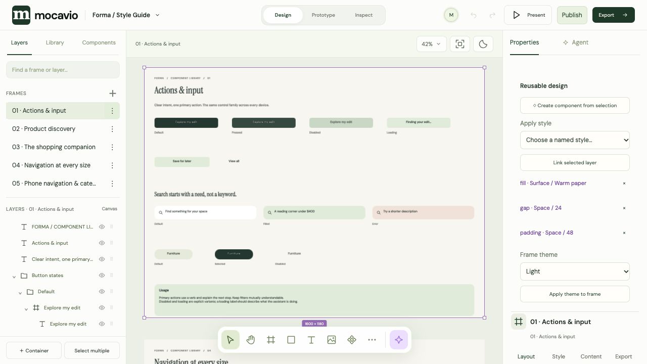 Forma’s actual Style Guide canvas: primary action states, secondary actions, search fields and category chips.